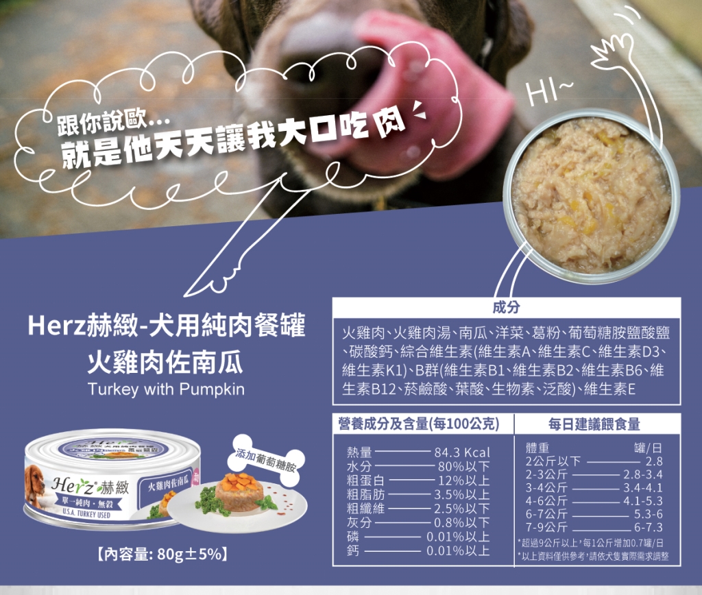 單一純肉，可降低過敏機率 增添膳食纖維，幫助腸胃消化 添加葡萄糖胺，維護關節活動力