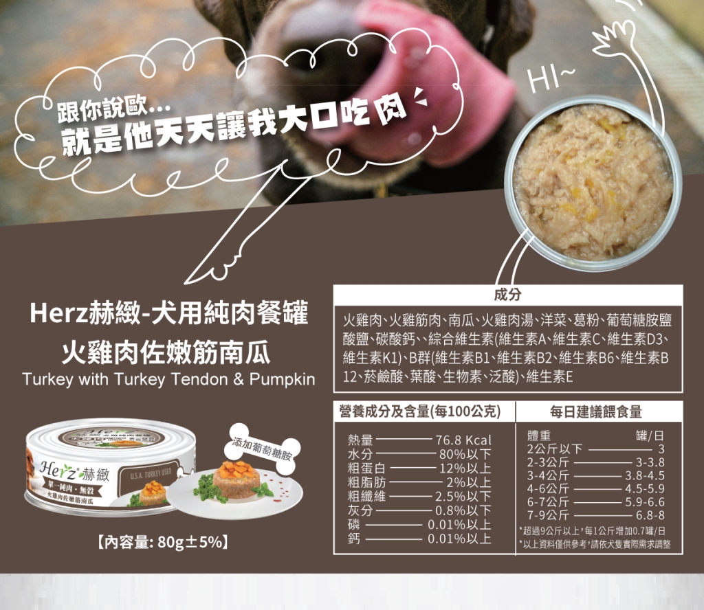 單一純肉，可降低過敏機率 增添膳食纖維，幫助腸胃消化 添加葡萄糖胺，維護關節活動力